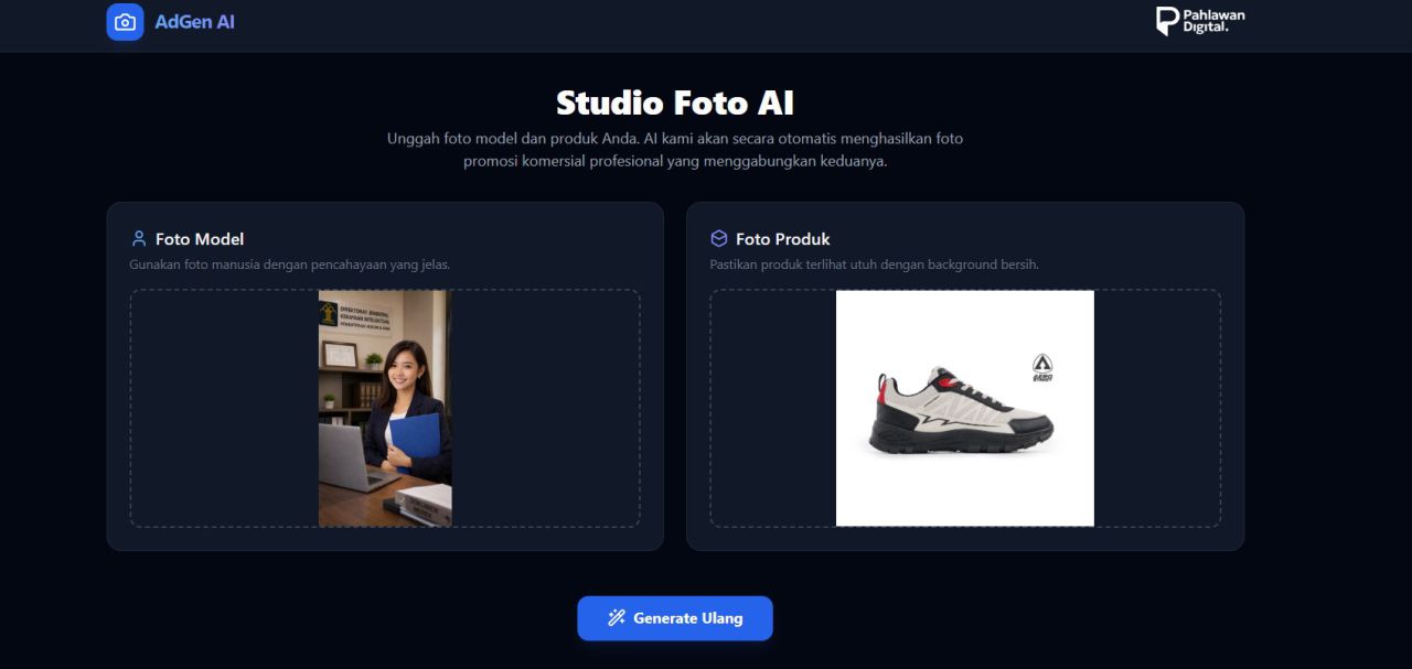 Fitur upload foto model dan produk AdGen AI