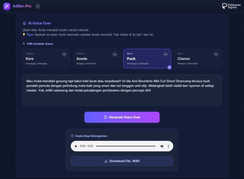 Fitur AI voice over untuk narasi iklan otomatis