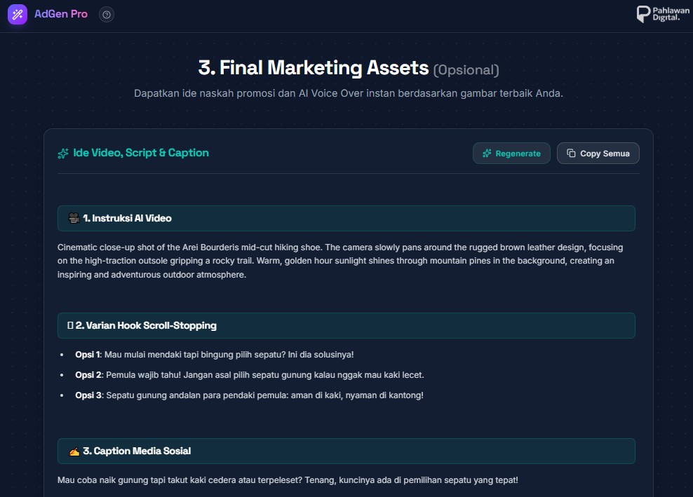 Infografis alur kerja Adgen Pro menghasilkan aset marketing
