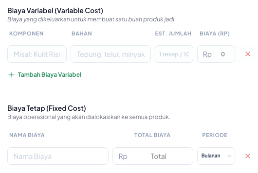 Dashboard Biaya Variabel dan Fixed Cost