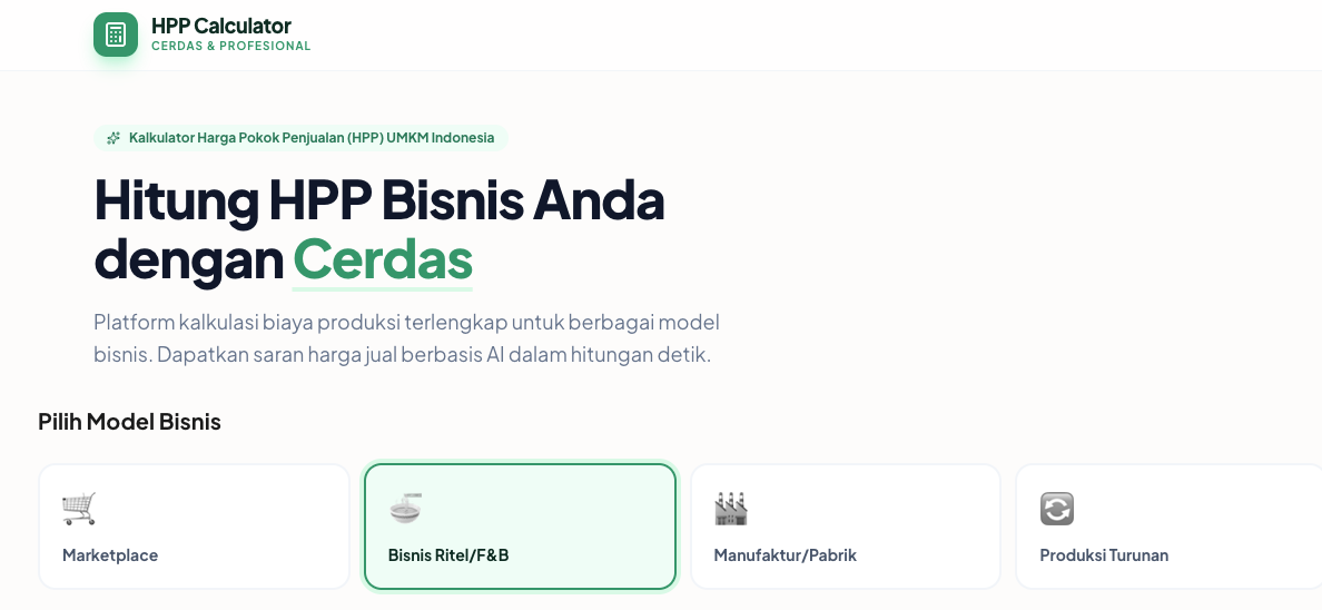Tampilan Dashboard Calculator HPP Pintar dengan Varian Bisnis Lengkap
