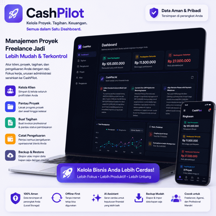 Tampilan dashboard Cash Pilot di laptop dan ponsel