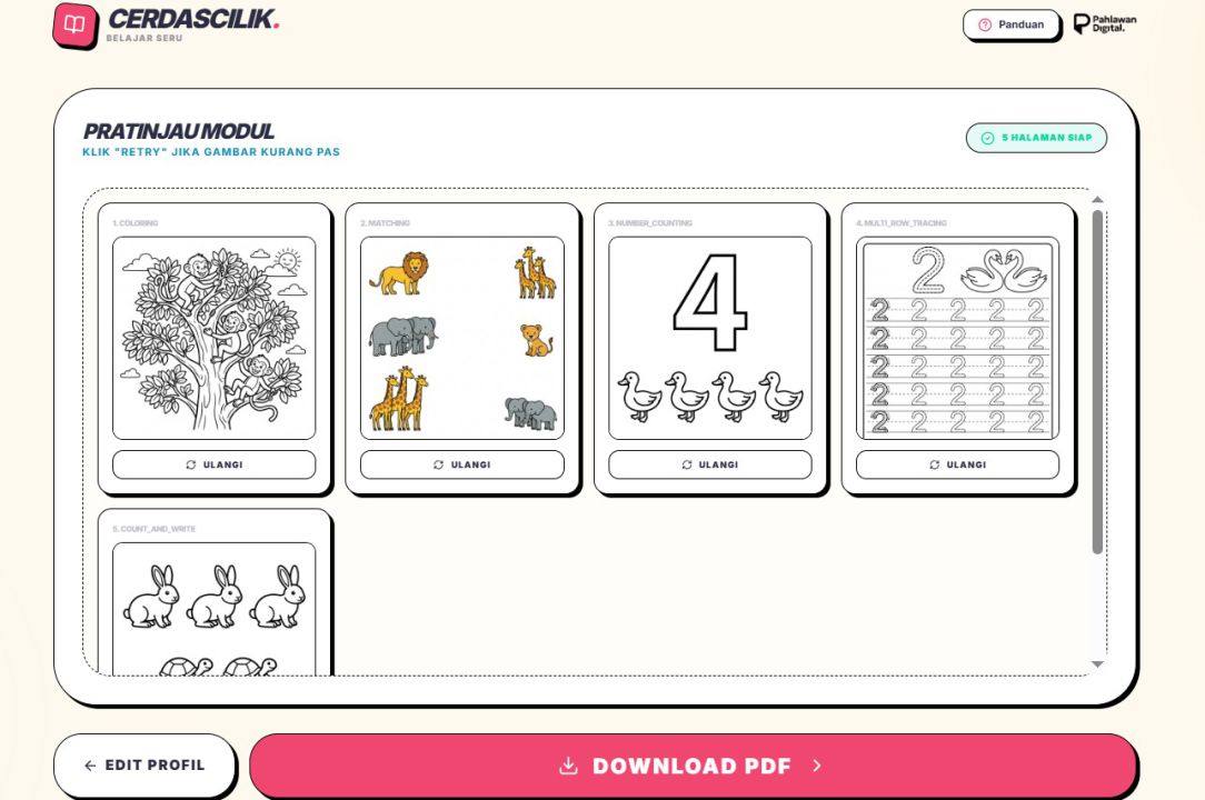 Tampilan hasil output Cerdas Cilik AI Learning Content Generator