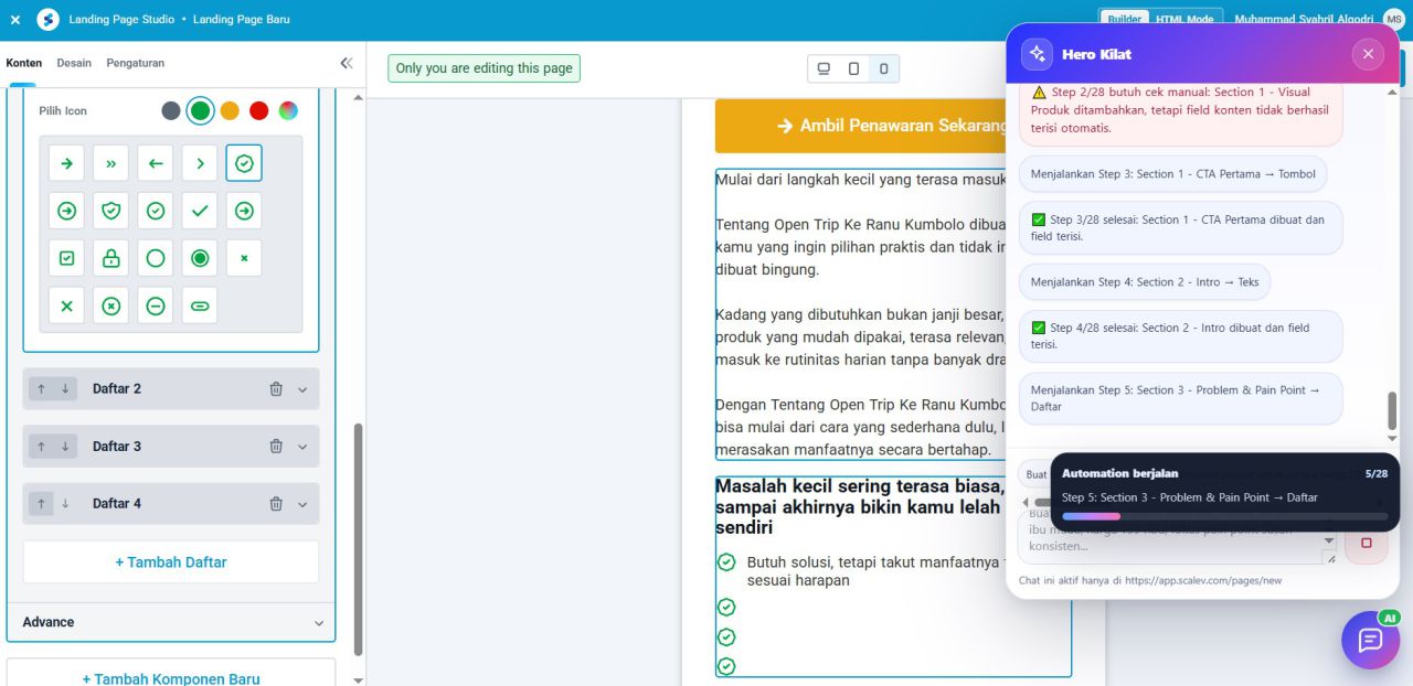 Proses otomatis Hero Kilat membuat landing page