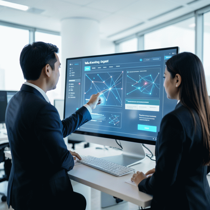 Seorang profesional pemasaran digital yang percaya diri berinteraksi dengan antarmuka AI futuristik yang menampilkan struktur landing page konversi tinggi, melambangkan efisiensi dan optimasi digital.