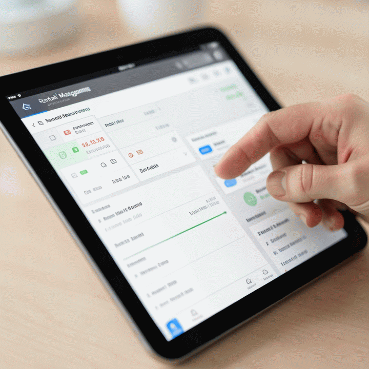 Close-up of a hand using a tablet to view real-time rental management software.