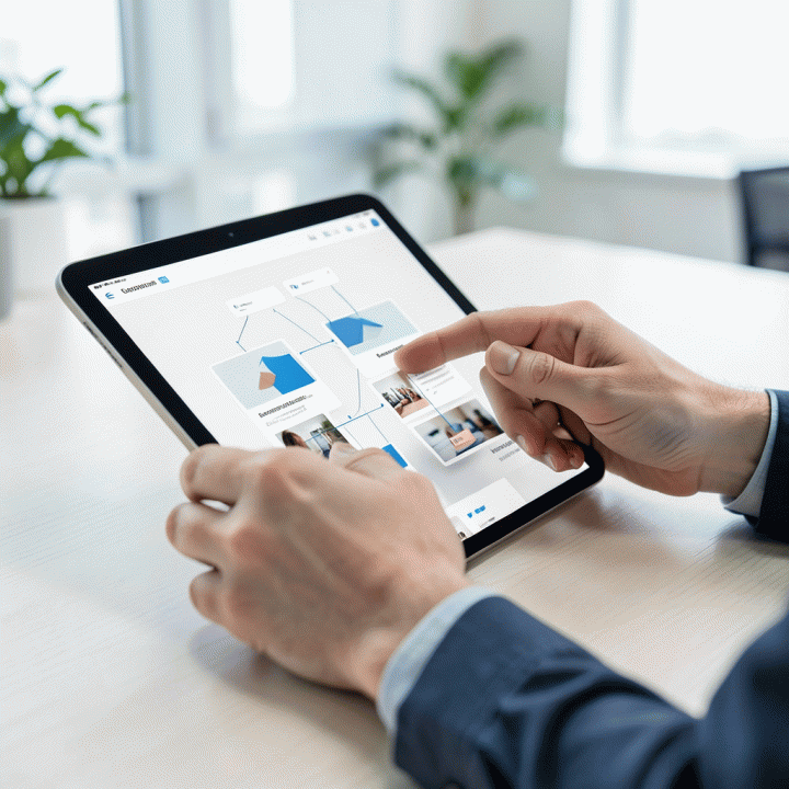 Tangan seorang profesional yang sedang menyusun dan mengoptimalkan alur (flow) landing page pada layar tablet modern, menunjukkan proses arsitektur konversi.