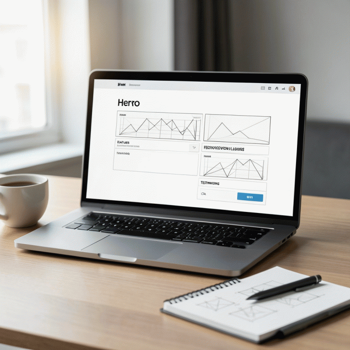 Visualisasi digital yang profesional dan minimalis dari arsitektur landing page berkonversi tinggi, ditampilkan di layar laptop modern, dikelilingi elemen perencanaan strategis.