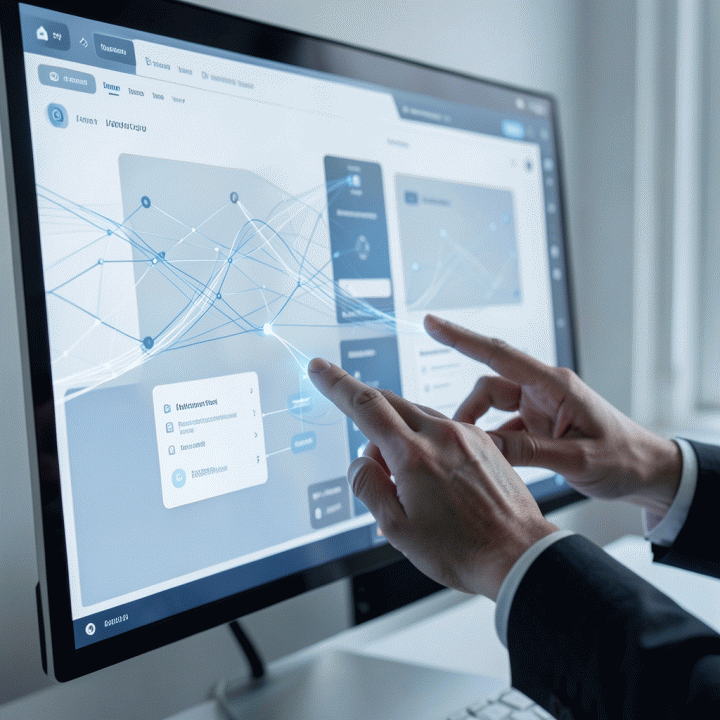 Tangan marketer berinteraksi dengan dashboard AI futuristik yang menunjukkan alur kerja pembangunan landing page secara otomatis dan efisien.