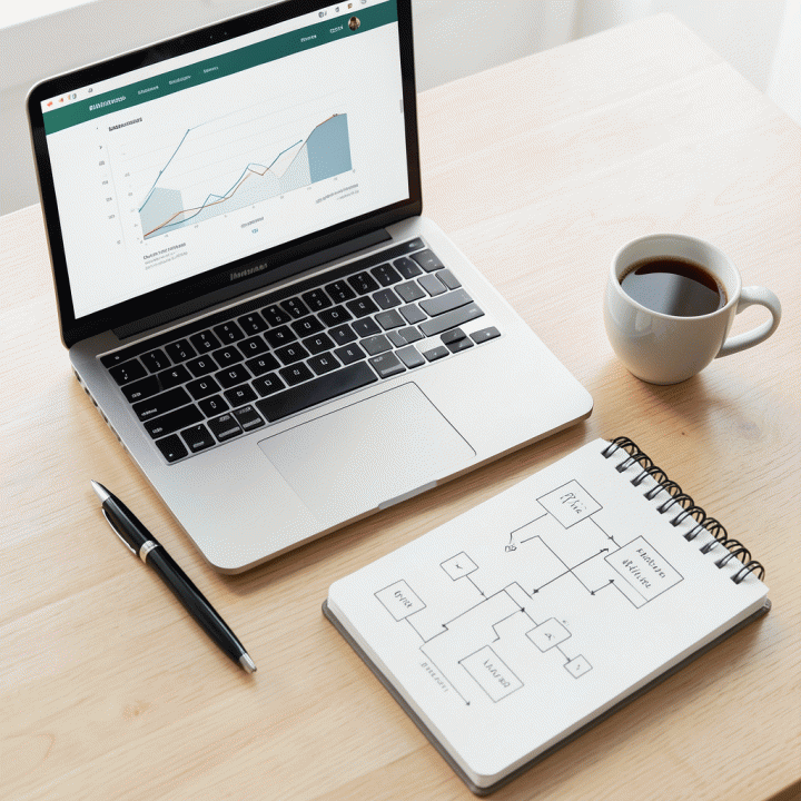 Tata letak flat lay yang berisi laptop dengan wireframe landing page, buku catatan, dan alat tulis, melambangkan perencanaan strategis konversi tinggi.