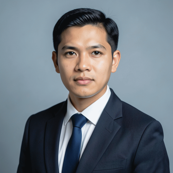 Contoh foto profil LinkedIn yang sempurna: ekspresi profesional di latar belakang polos.