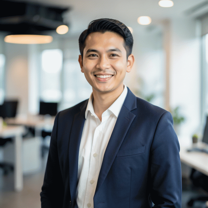 Foto profil profesional seorang profesional Indonesia yang percaya diri di lingkungan korporat modern.