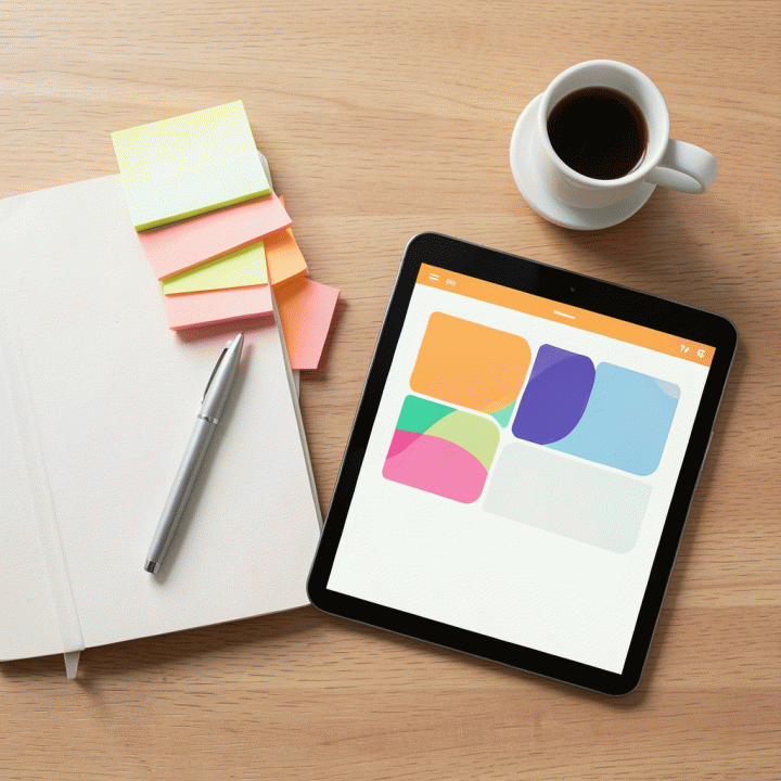 Tata letak meja kerja yang rapi berisi alat tulis dan tablet yang menunjukkan materi perencanaan pelajaran yang terorganisir.