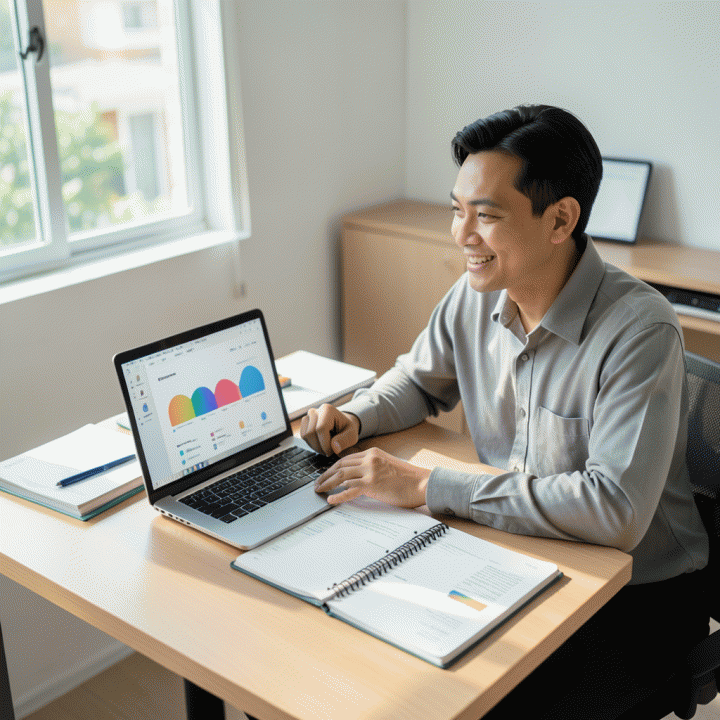 Seorang guru profesional Indonesia di meja kerja yang rapi, menggunakan laptop dan alat bantu digital AI untuk menyusun rencana pelajaran dengan efisien dan terstruktur.
