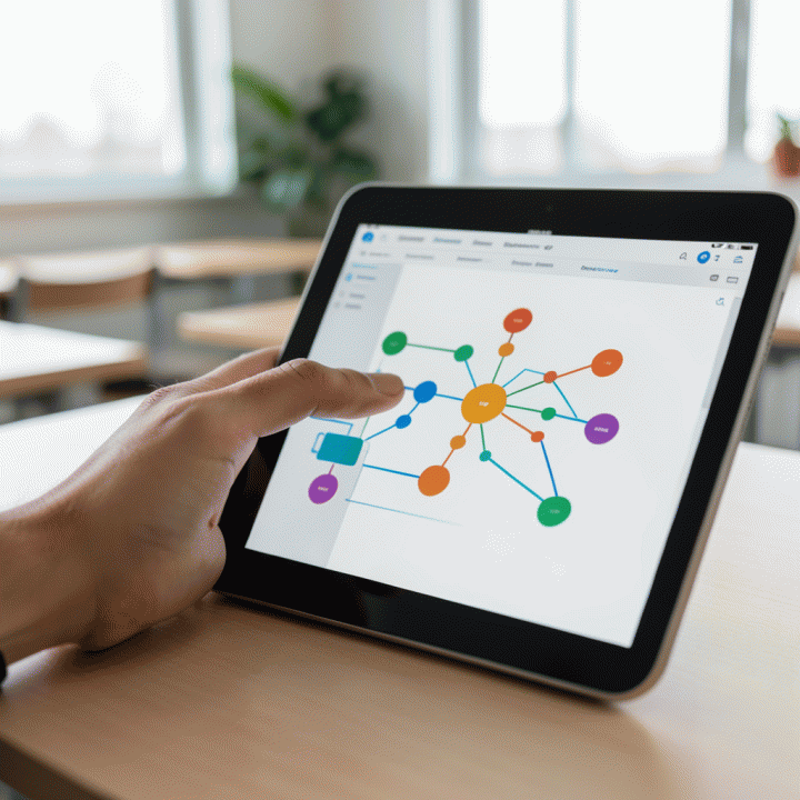 Tangan seorang guru yang berinteraksi dengan aplikasi perencanaan pelajaran digital yang intuitif pada tablet, menunjukkan proses penyusunan materi yang mudah.