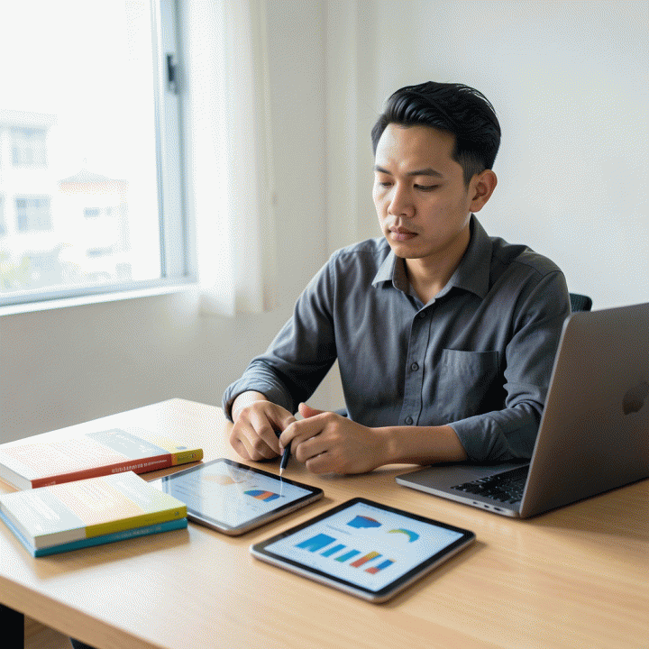Guru profesional Indonesia sedang merencanakan pelajaran di meja kerja yang modern dan terorganisir, melambangkan efisiensi dan manajemen waktu.