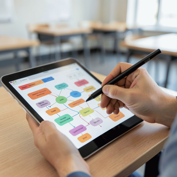 Tangan guru menggunakan tablet digital untuk menyusun diagram alir rencana pelajaran yang efisien.