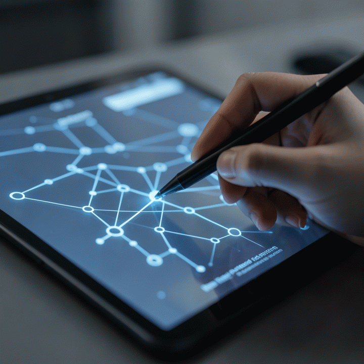 Tangan menggunakan stylus pada tablet yang menampilkan visualisasi abstrak AI untuk personalisasi landing page.