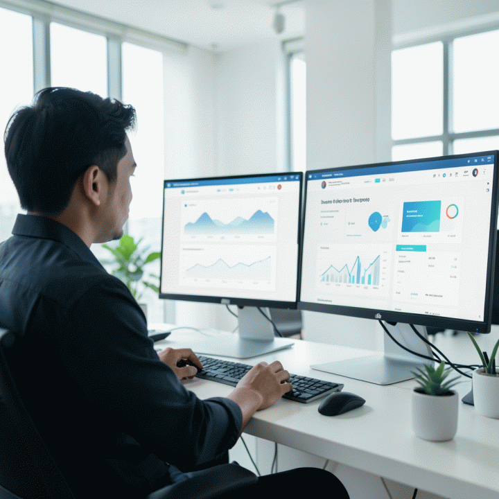 Seorang profesional yang fokus bekerja di depan setup monitor modern, menunjukkan visualisasi landing page berkonversi tinggi, melambangkan tren desain digital masa depan.