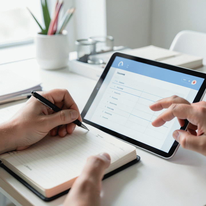 Tangan yang menulis di planner fisik sambil melihat dashboard tugas di tablet, menunjukkan integrasi perencanaan analog dan digital.