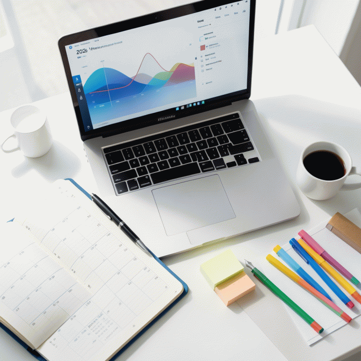 Meja kerja yang terorganisir menampilkan perpaduan alat perencanaan fisik (planner, pena) dan digital (laptop dengan dashboard abstrak), melambangkan strategi produktivitas modern dan perencanaan tahunan.