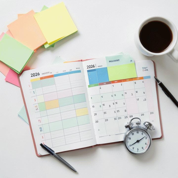 Tampilan atas (flat lay) berbagai alat perencanaan seperti bullet journal, sticky notes berwarna, dan kalender tahunan yang terorganisir untuk meningkatkan produktivitas.