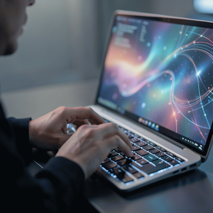Person working on AI content creation using a futuristic interface.