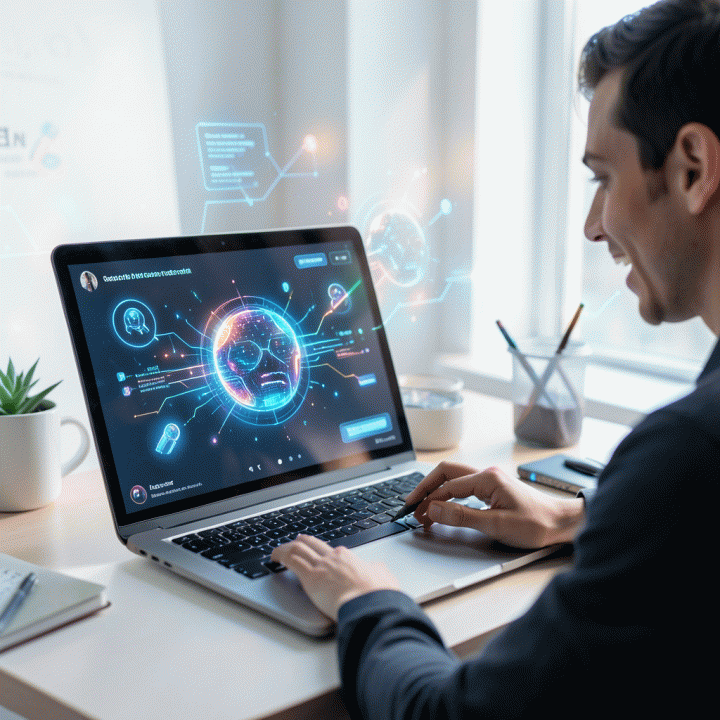 A cinematic shot showing a person brainstorming viral video hooks using an AI interface on a laptop, emphasizing content creation and AI assistance.