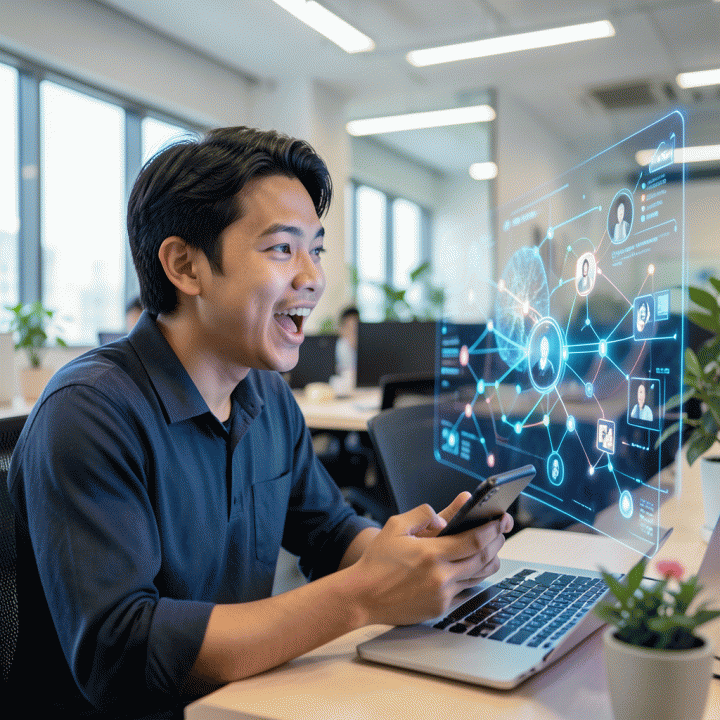 Seorang content creator muda Indonesia yang bersemangat di co-working space modern, melihat antarmuka digital futuristik yang menampilkan banyak ide konten yang terhubung, melambangkan inspirasi dan produktivitas.