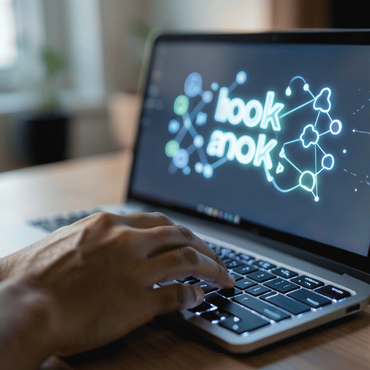 Close-up tangan yang sedang mengetik di keyboard, menunjukkan momen pencerahan atau saat menemukan ide &lsquo;hook&rsquo; yang menarik untuk konten video.