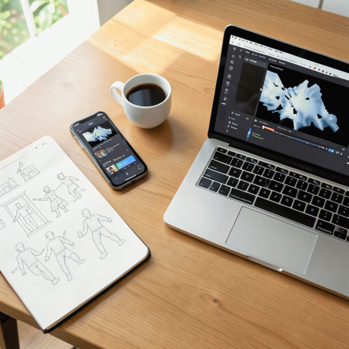 Flat lay meja kerja yang berisi smartphone, buku catatan, dan laptop, melambangkan alat-alat yang dibutuhkan seorang content creator untuk membuat ide konten.