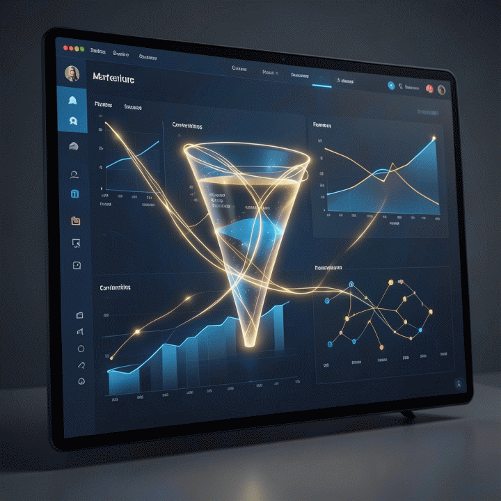 Visualisasi dashboard penjualan yang modern dan canggih, menampilkan alur corong penjualan (sales funnel) yang optimal dan terhubung, melambangkan peningkatan konversi bisnis.