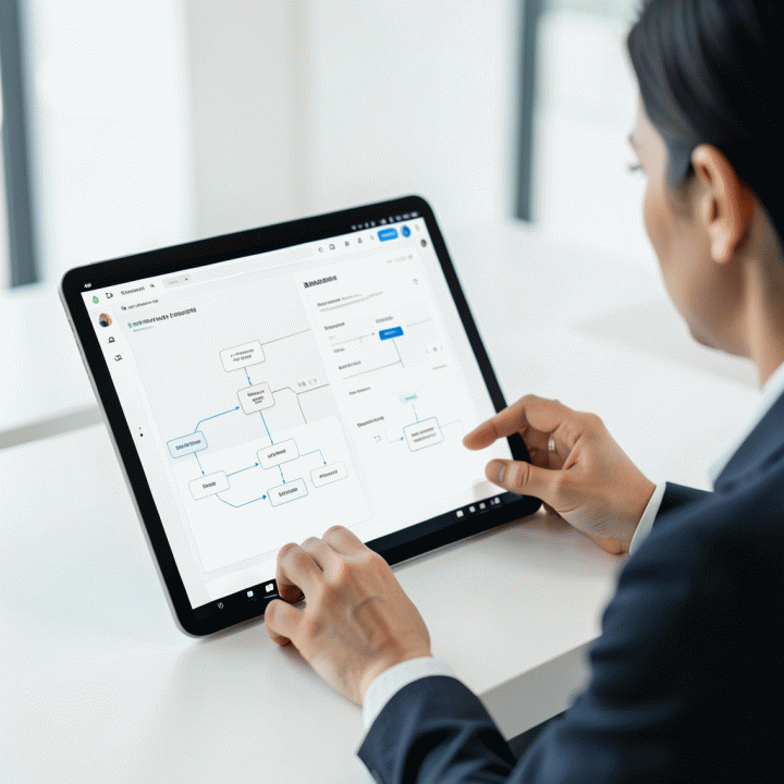 Seorang marketer menggunakan tablet sentuh untuk merancang landing page secara intuitif dan cepat, menunjukkan kemudahan penggunaan AI.