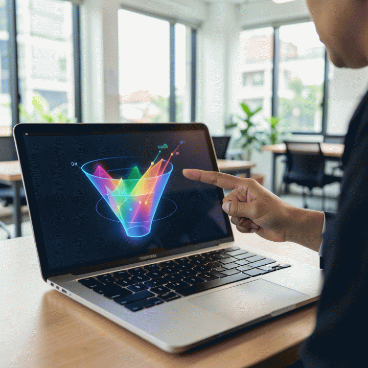 Seorang profesional yang percaya diri menunjukkan visualisasi alur corong penjualan yang optimal di layar laptop di ruang kerja modern.