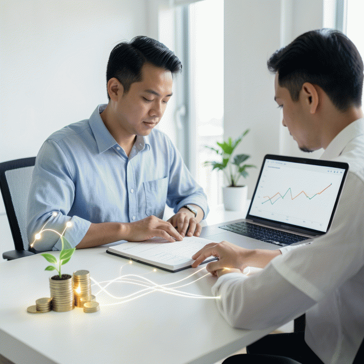 Seorang profesional Indonesia yang sedang mengatur keuangan pribadinya di meja kerja modern, menunjukkan konsep perencanaan anggaran yang terstruktur dan terkontrol.