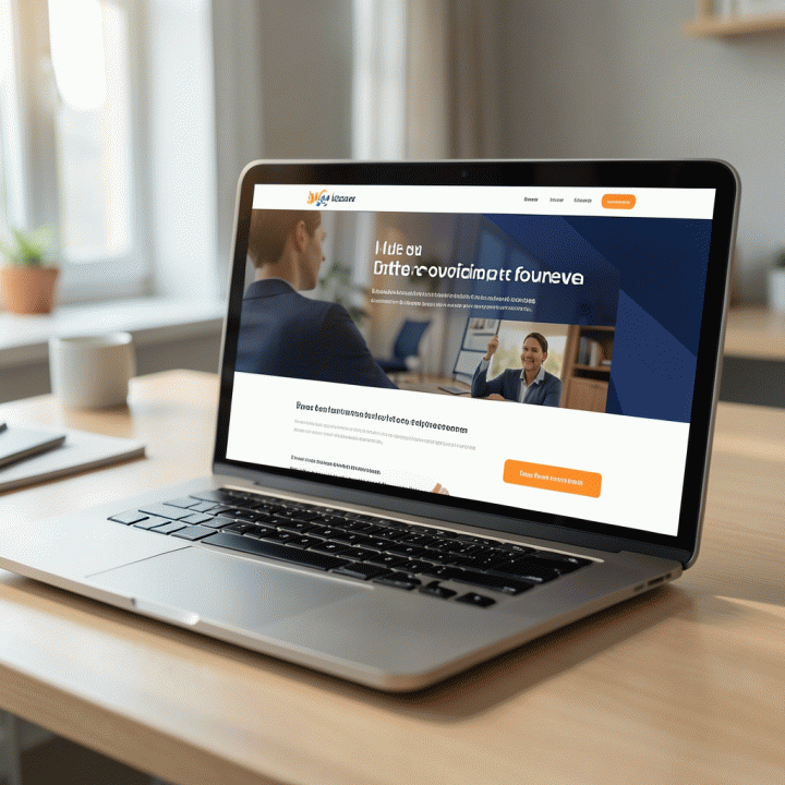 Tampilan close-up layar laptop yang menampilkan desain landing page profesional dan modern dengan tata letak yang bersih dan tombol Call-to-Action yang menonjol.