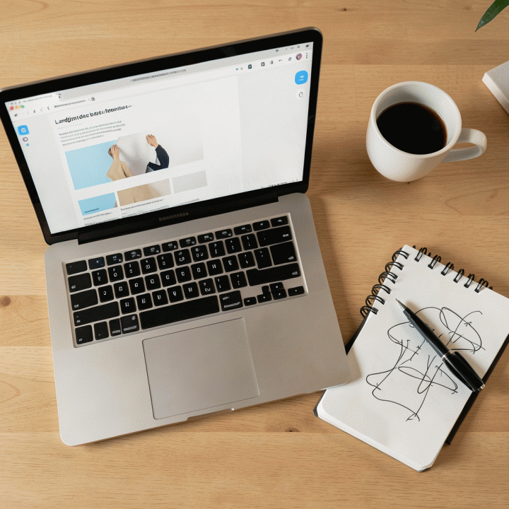 Komposisi flat lay dari alat-alat kerja digital marketing, termasuk laptop dengan mockup landing page, menunjukkan proses kreatif dan perencanaan konversi.