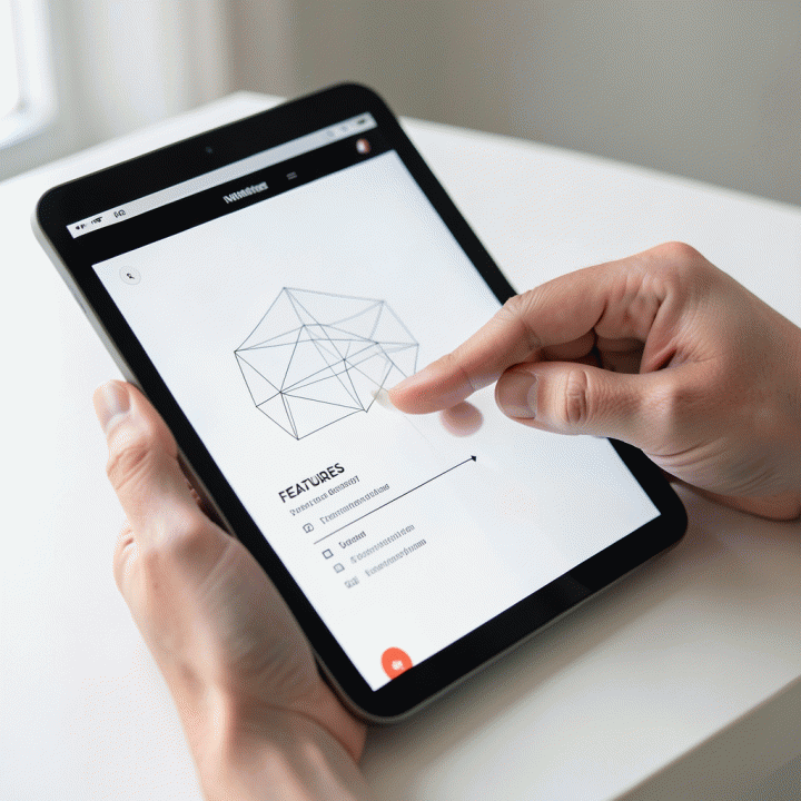 Tangan yang sedang mengedit atau menyusun elemen landing page di layar tablet, menunjukkan proses desain yang intuitif.