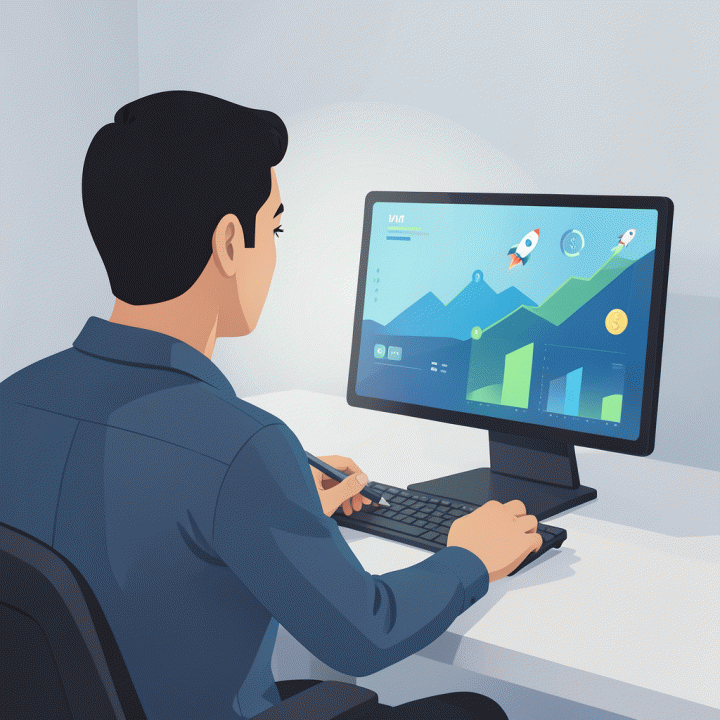 Seseorang bekerja di depan dashboard analitik yang futuristik, menunjukkan proses analisis data bisnis untuk menentukan strategi pertumbuhan.