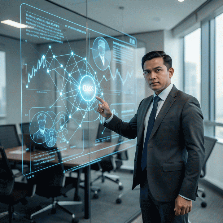 Seorang profesional bisnis berdiri di depan visualisasi data holografik yang kompleks, menunjukkan identifikasi celah pasar kompetitif yang strategis dan terperinci.