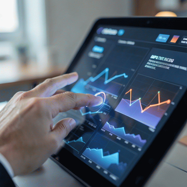 Tangan yang berinteraksi dengan dashboard analitik data abstrak untuk mengidentifikasi celah kompetitif.