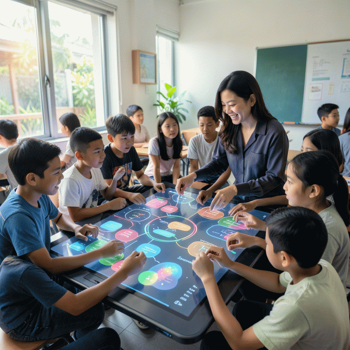Kelas modern Indonesia dengan siswa dan guru yang aktif berkolaborasi menggunakan teknologi interaktif dalam suasana belajar yang energik dan fokus.