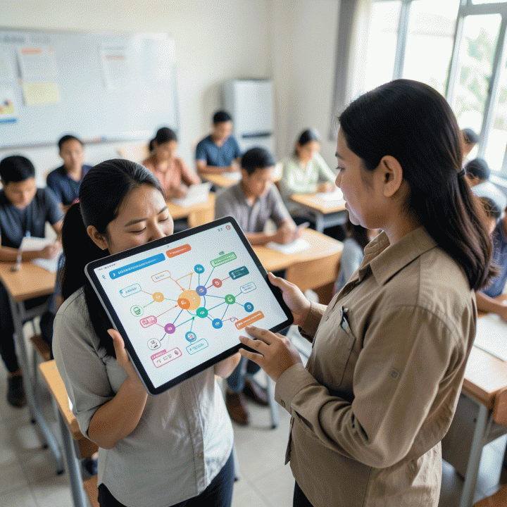 Guru menggunakan alat AI di tablet untuk membuat rencana pembelajaran (lesson plan) yang terstruktur dan interaktif dengan cepat.