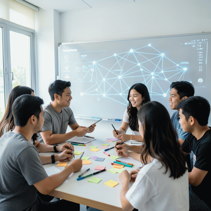 Siswa-siswa berdiskusi aktif dan berkolaborasi dalam sesi brainstorming dengan bantuan visualisasi konsep modern.