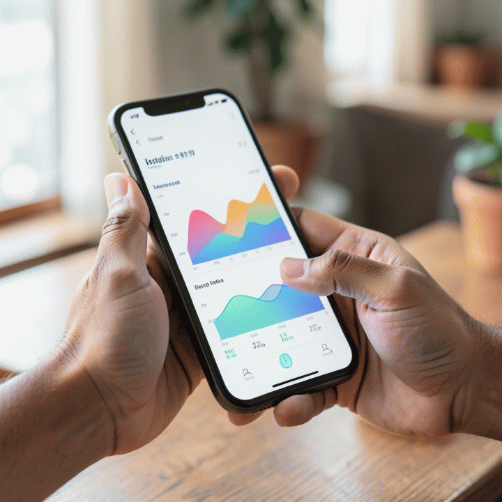 Tangan yang sedang melihat dan menganalisis grafik data penjualan e-commerce pada layar smartphone modern.