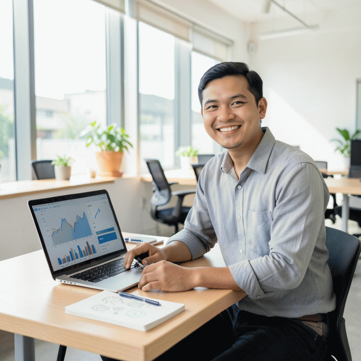 Seorang wirausahawan muda Indonesia yang ceria dan percaya diri di meja kerja modern, dikelilingi oleh suasana co-working space yang penuh peluang bisnis online.