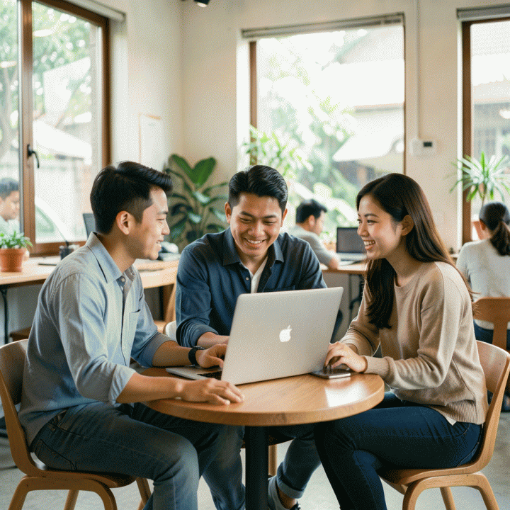 Sekelompok anak muda Indonesia berdiskusi dan merencanakan strategi bisnis di kafe dengan suasana yang suportif.