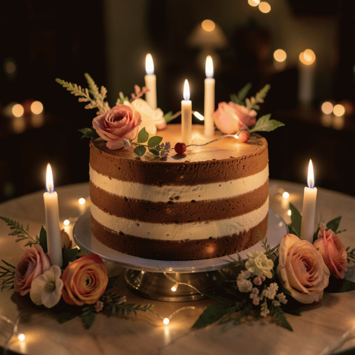 Detail kue ulang tahun yang elegan dan didekorasi dengan bunga Indonesia di latar perayaan.