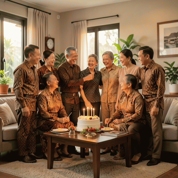 Foto keluarga Indonesia yang fotorealistik dan hangat saat perayaan ulang tahun, menunjukkan generasi yang bahagia di rumah yang didekorasi indah.