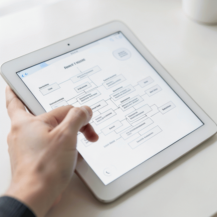 A hand interacting with a tablet displaying an organized genealogy chart, illustrating the ease of using a family history management platform.